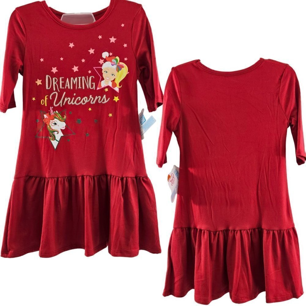 Nickelodeon JoJo Siwa Girls Christmas Holiday Red Dreaming of Unicorns Dress NWT